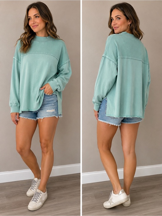 BKE Tops - BKE Mint Green Ribbed-Trim Pullover